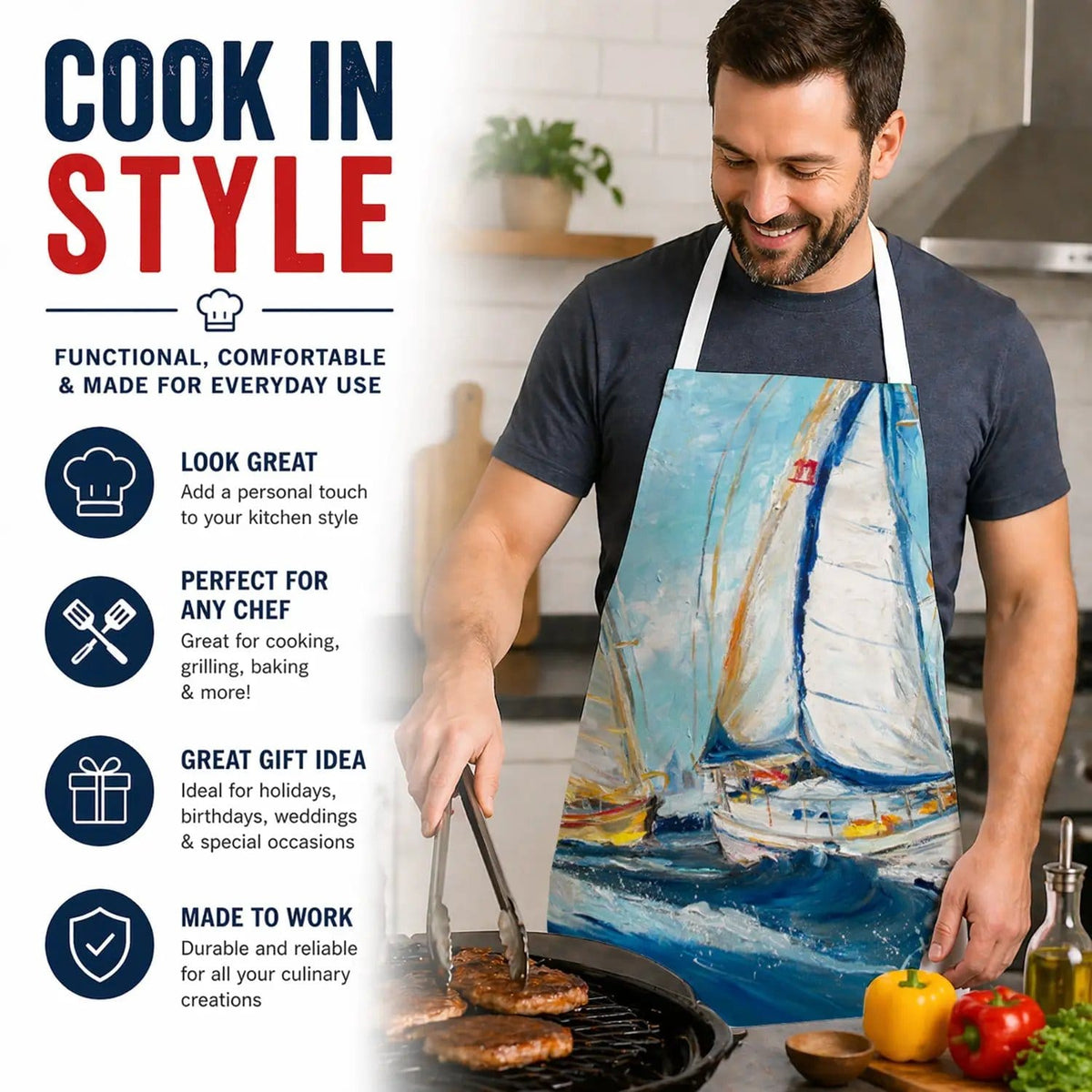 Kitchen Apron | Bib Style Unisex | 27"W x 30"H | Roll me Over Sailboats