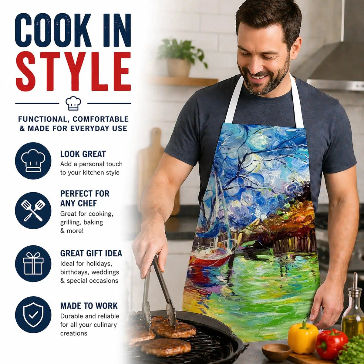 Kitchen Apron | Bib Style Unisex | 27"W x 30"H | Boat Starlight Sailboats