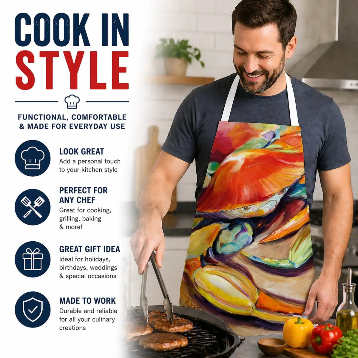 Kitchen Apron | Bib Style Unisex | 27"W x 30"H | 101 Crab
