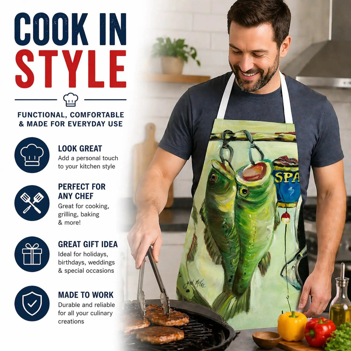 Kitchen Apron | Bib Style Unisex | 27"W x 30"H | Recession Food Bass and Spam