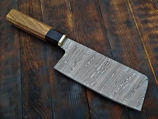 Japanese Cleaver Knife 10" Damascus Steel with Rosewood & Resin Handle | Leather | 10 Inch | Damascus Steel | Home