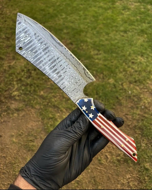 Japanese Damascus Cleaver - Texas Flag Handle with Leather Sheath | 10 Inch | Damascus Steel | cleaver Knife