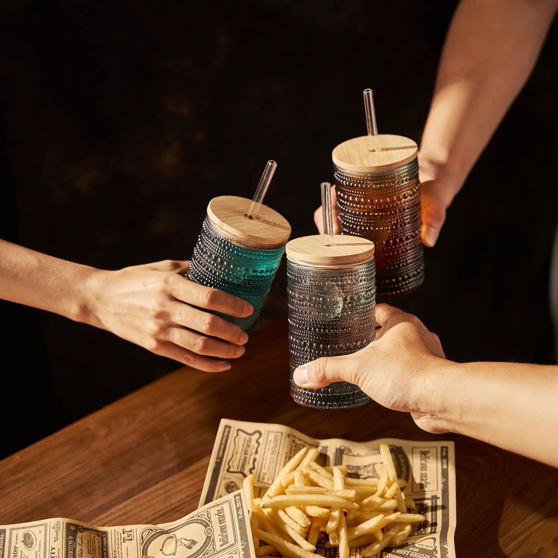 Tonal Hobnail Highball Glassware, With 6X Lids & Glass Straws, Set of 6 from PriceLows™