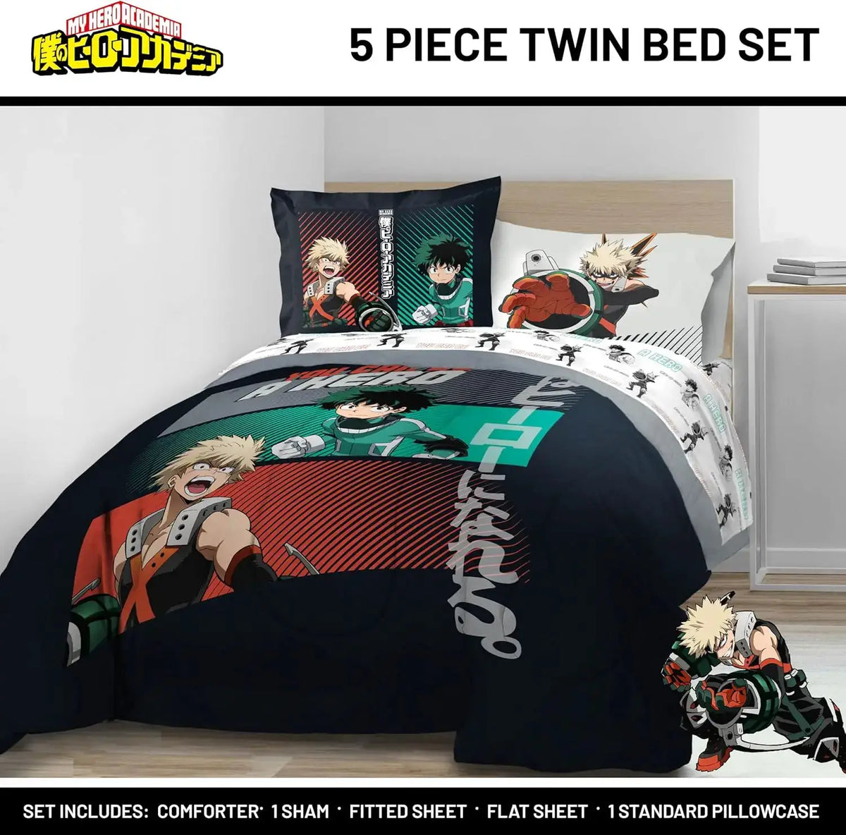 My Hero Academia Twin Comforter Set with Sheets and Pillow Covers - Soft Brushed Microfiber Bedding for Kids Bedroom from PriceLows™