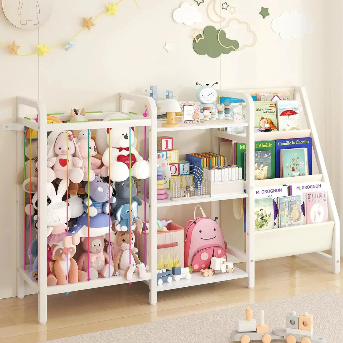 3-Tier Kids Bookshelf & Toy Storage, Sling Bookcase with Stuffed Animal Organizer, White from PriceLows™