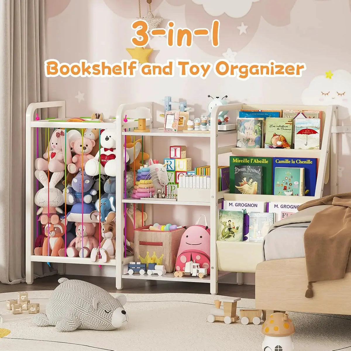 3-Tier Kids Bookshelf & Toy Storage, Sling Bookcase with Stuffed Animal Organizer, White from PriceLows™