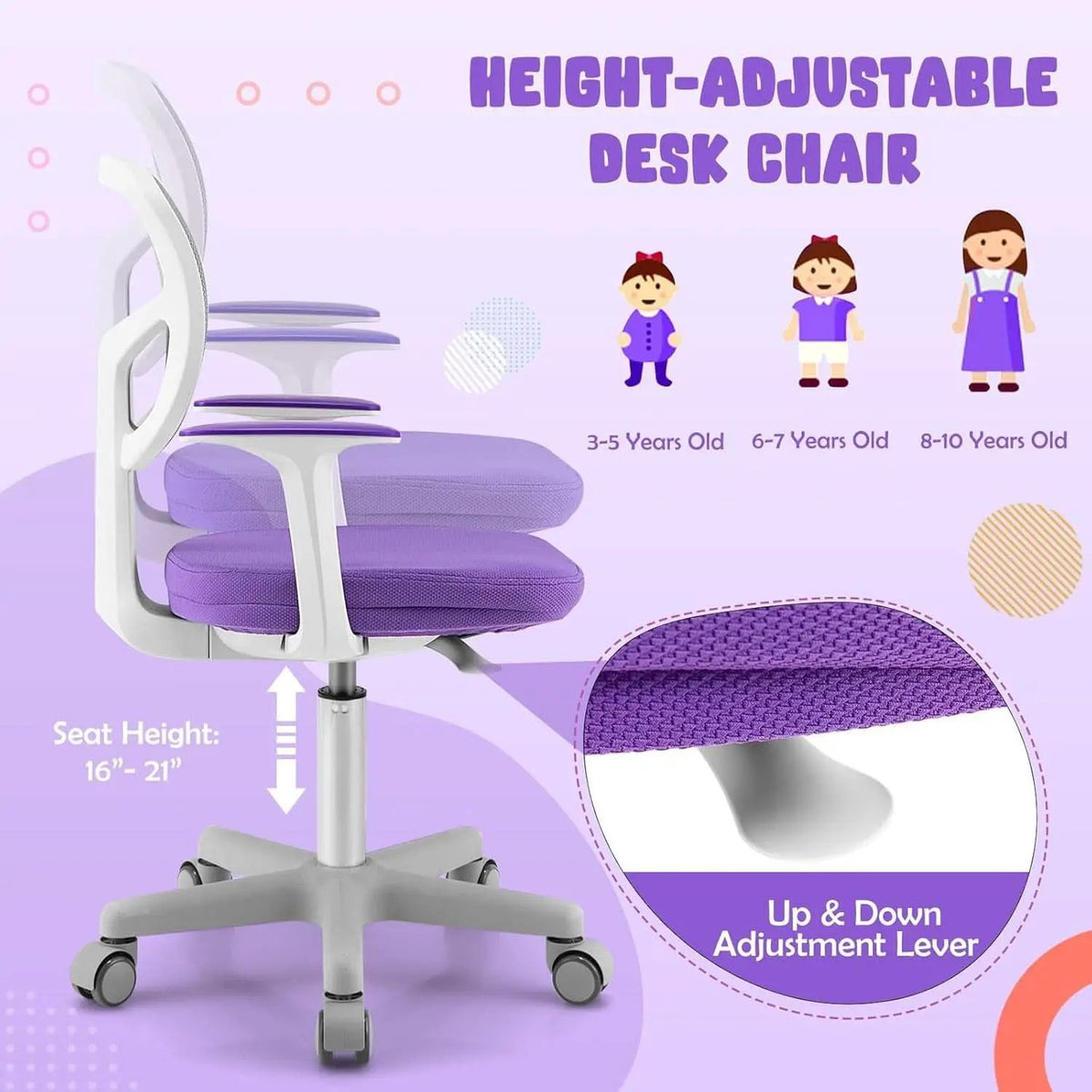 Kids Desk Chair Height Adjustable 16 To 21 Inches Violet from PriceLows™