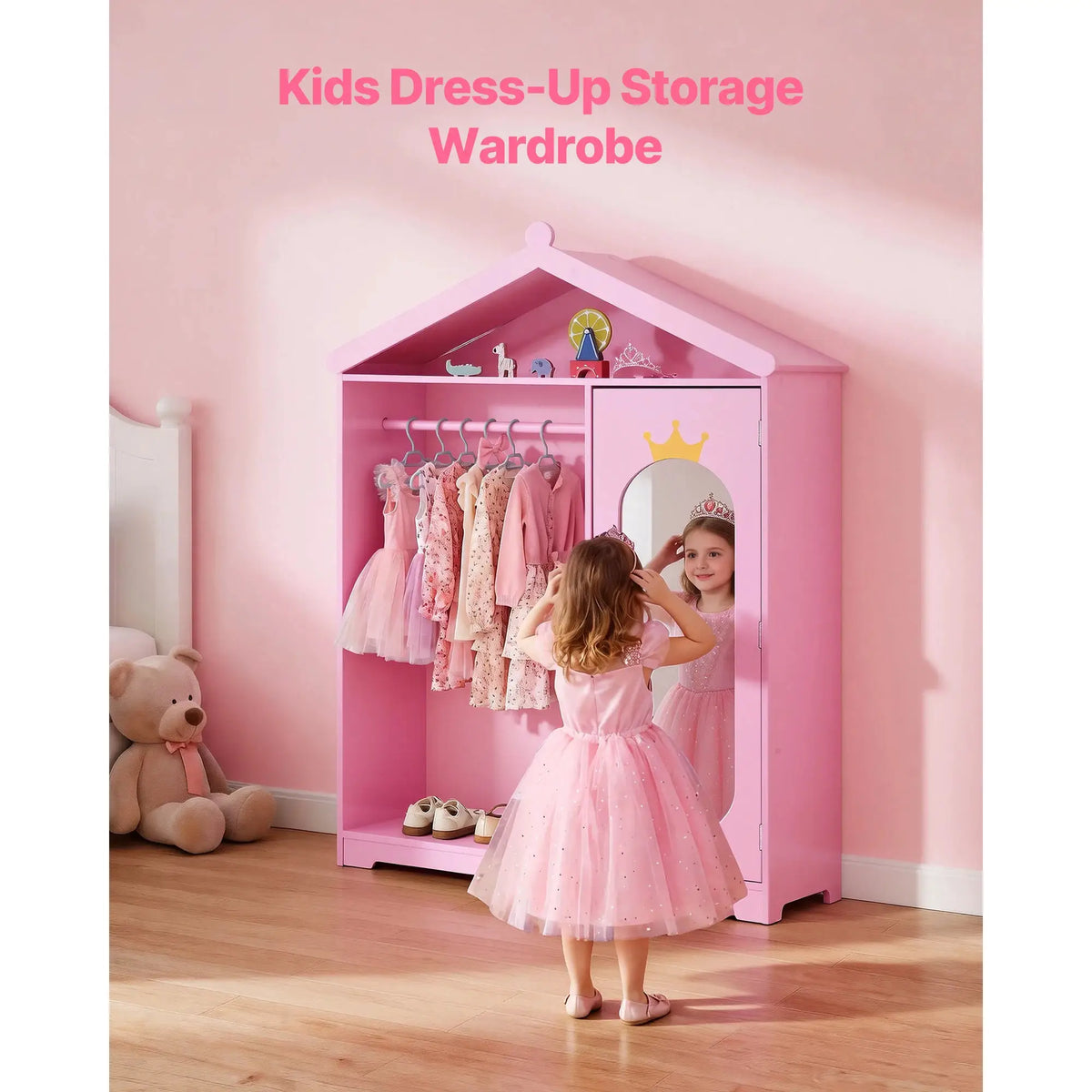 SucceBuy Kids Dress Up Storage with Mirror & Dress Up Closet Kids Armoire Wardrobe Costume Organizer for Girls Toddler Bedroom from PriceLows™
