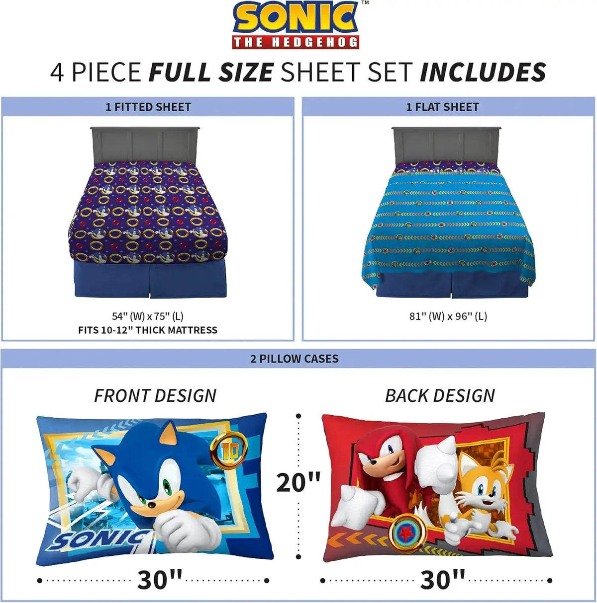 Sonic The Hedgehog Full Sheet Set Super Soft Microfiber Bedding for Kids with Flat Sheet Fitted Sheet and Pillowcases from PriceLows™