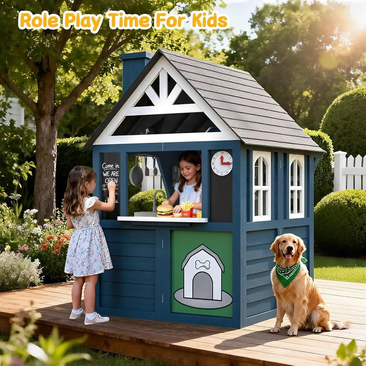 Blue Cedarwood Kids Playhouse Weather Resistant Outdoor from PriceLows™