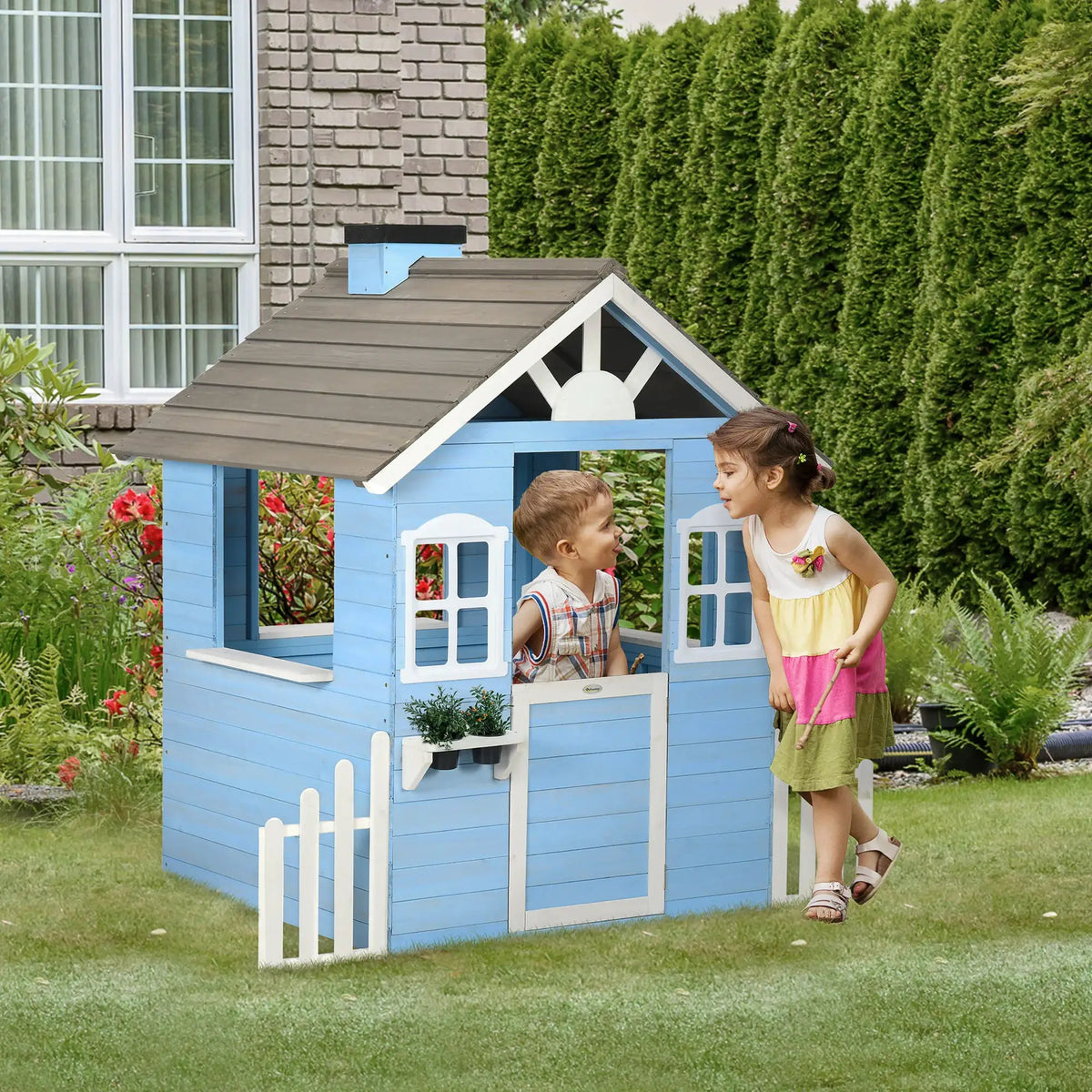 Outsunny Playhouse for Kids Outdoor, Country Style Wooden Playhouse with Flower Pot Holders, Working Door, Windows from PriceLows™