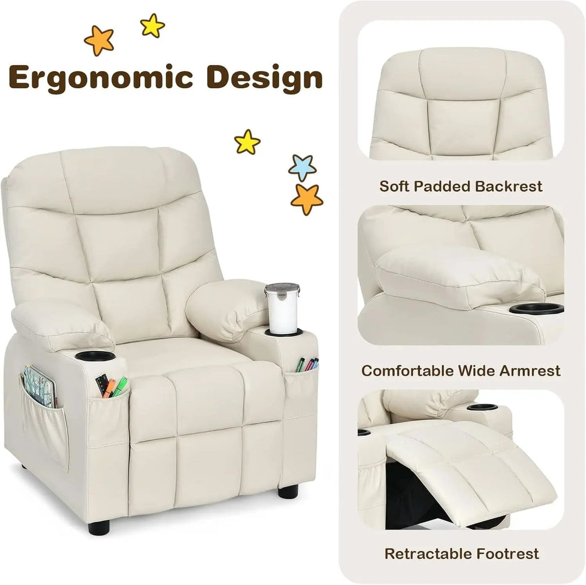 Kids Recliner Chair With Cup Holder And Footrest Beige from PriceLows™