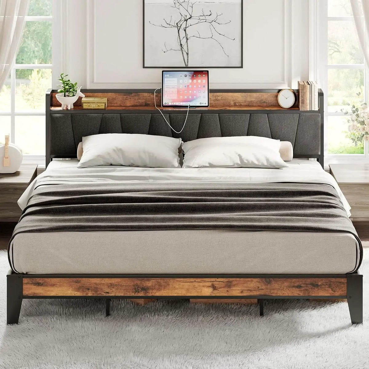 King Size Bed Frame With Storage Headboard And USB Charging Ports from PriceLows™