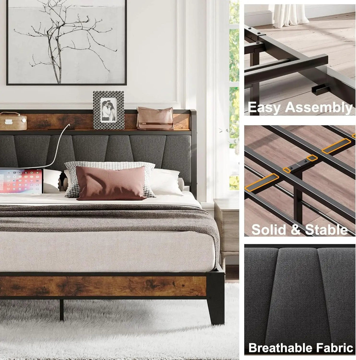 King Size Bed Frame With Storage Headboard And USB Charging Ports from PriceLows™