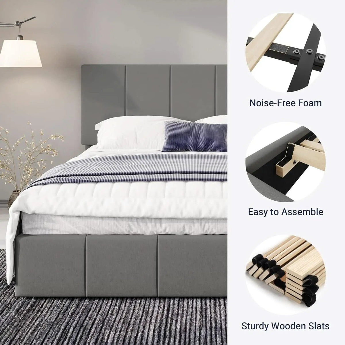 King Size Grey Velvet Upholstered Platform Bed Frame from PriceLows™