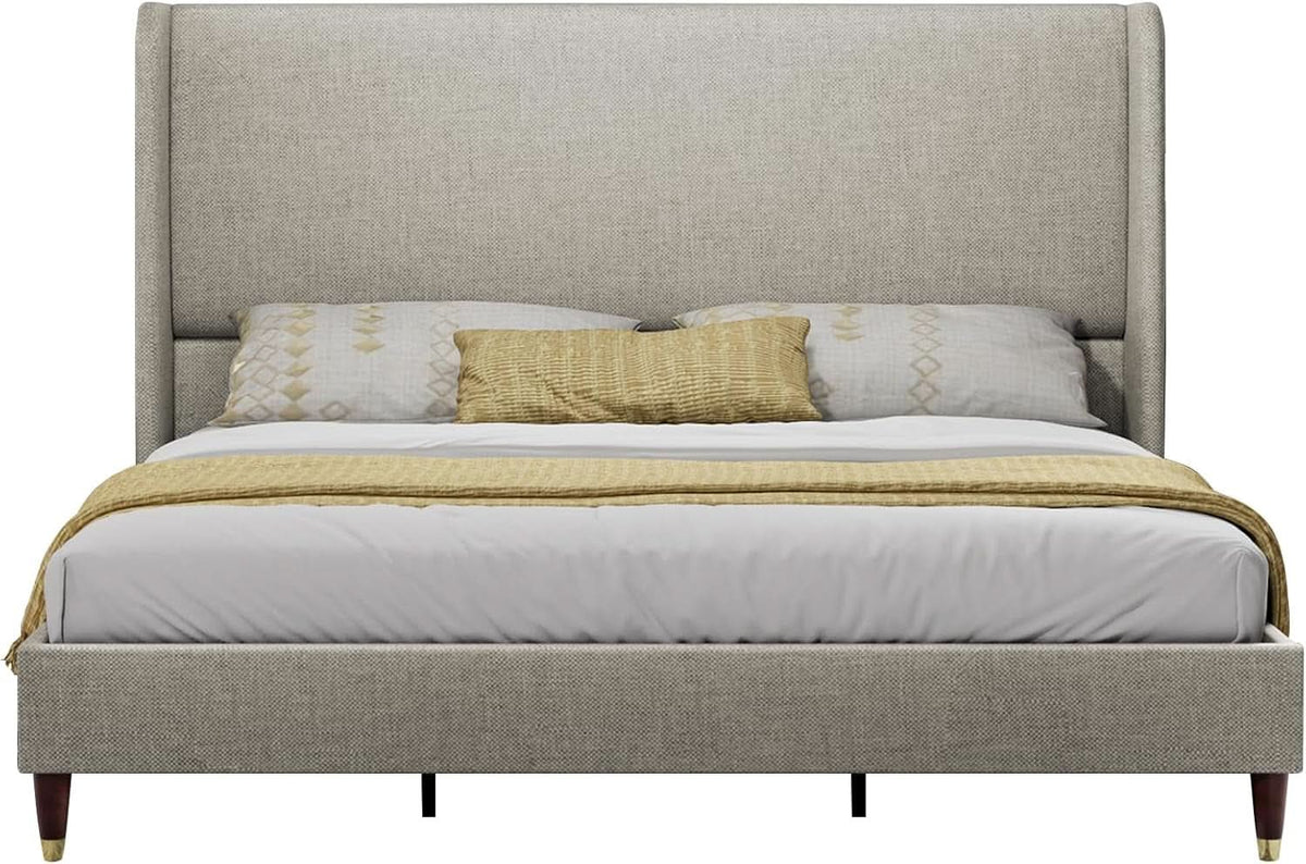King Size Wingback Headboard Upholstered Bed Frame Khaki from PriceLows™