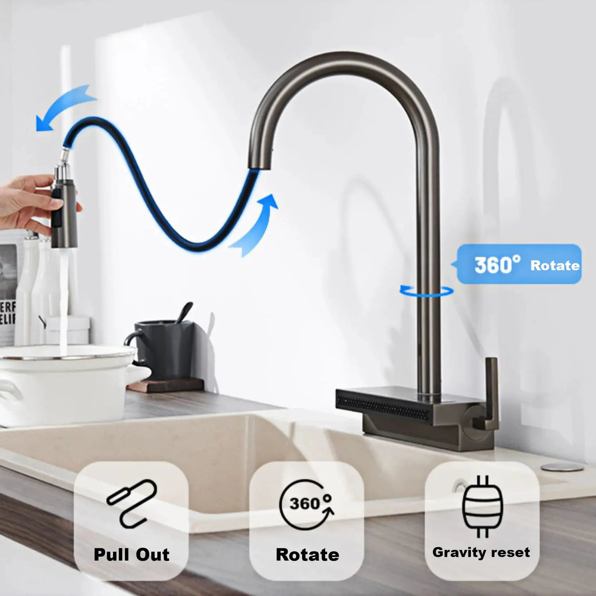Kitchen Faucet | Gunmetal Brass Finish | Pull Out 2 Modes | 1 Hole Deck Mounted from PriceLows™