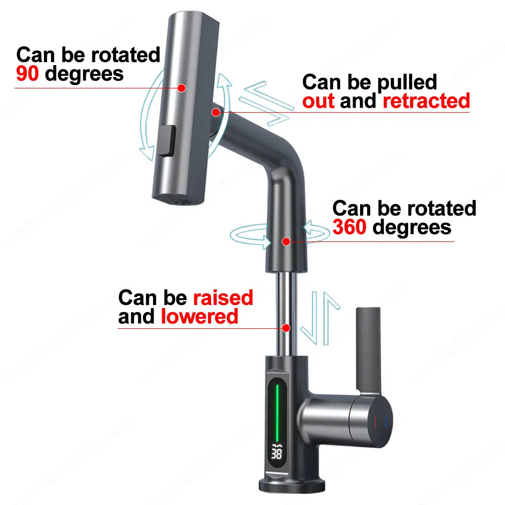 Waterfall Pull Out Kitchen Faucet White Intelligent Digital Display Cold Hot Mixer Taps Rotatable Sink Lifting Basin Faucet from PriceLows™