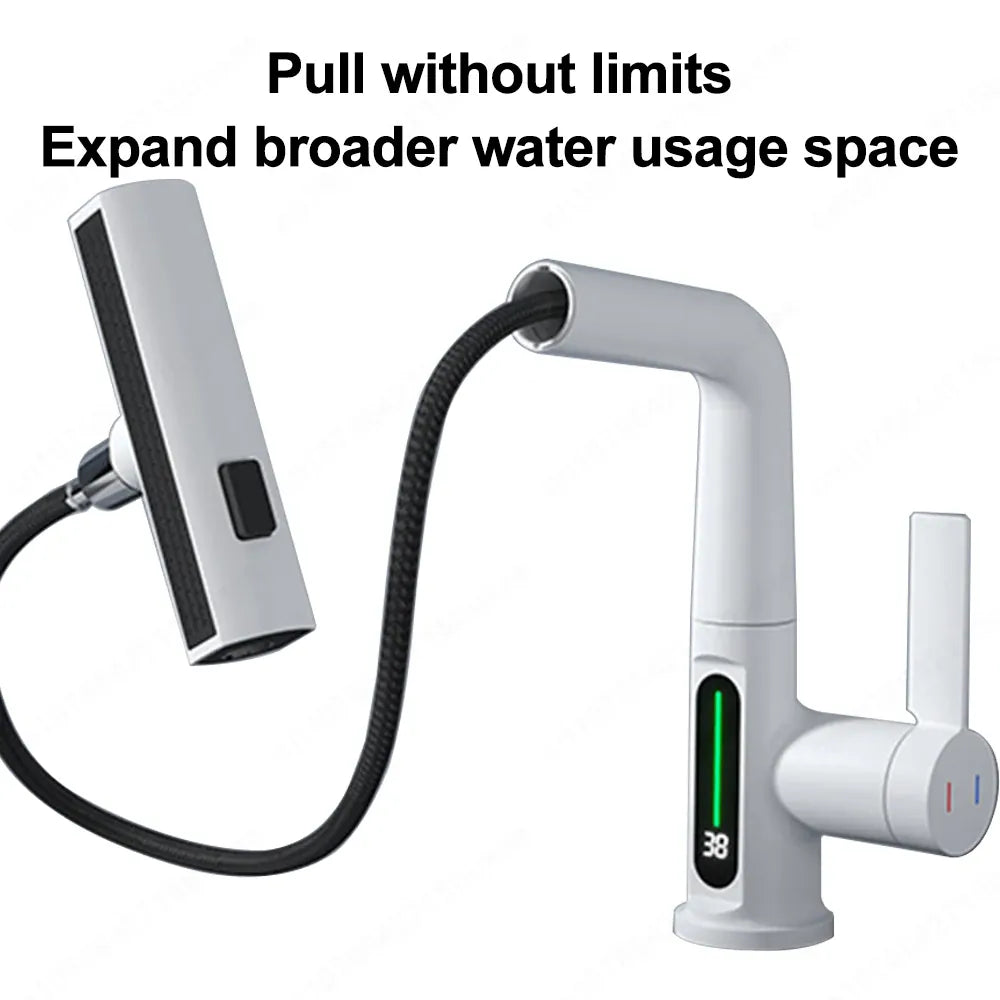 Waterfall Pull Out Kitchen Faucet White Intelligent Digital Display Cold Hot Mixer Taps Rotatable Sink Lifting Basin Faucet from PriceLows™