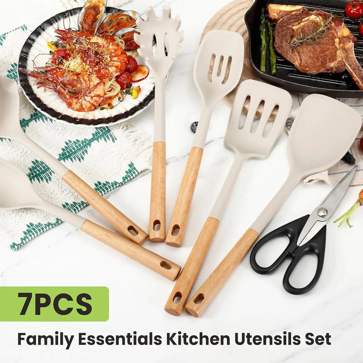 7-Piece Silicone Kitchen Utensil Set Non-Stick Cooking Tools with Heat Resistant Beechwood Handle for Baking & Cooking Spatula from PriceLows™