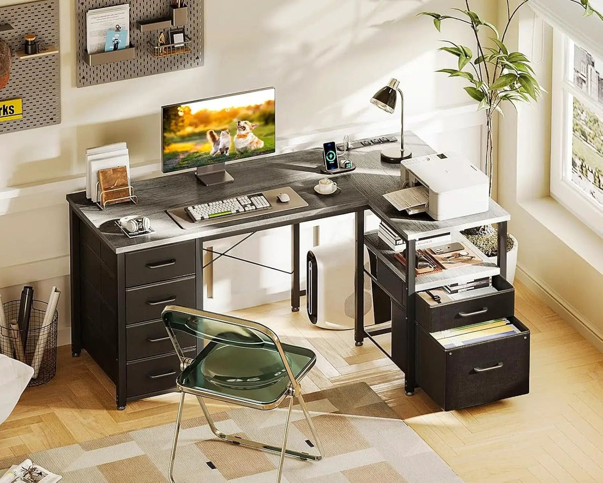L Shaped Computer Desk With 6 Drawers And Power Outlet from PriceLows™