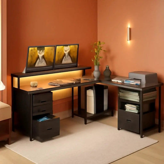 L Shaped Computer Desk with File Cabinet and LED Light from PriceLows™