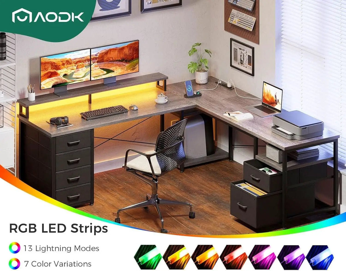 L Shaped Computer Desk with File Cabinet and LED Light from PriceLows™