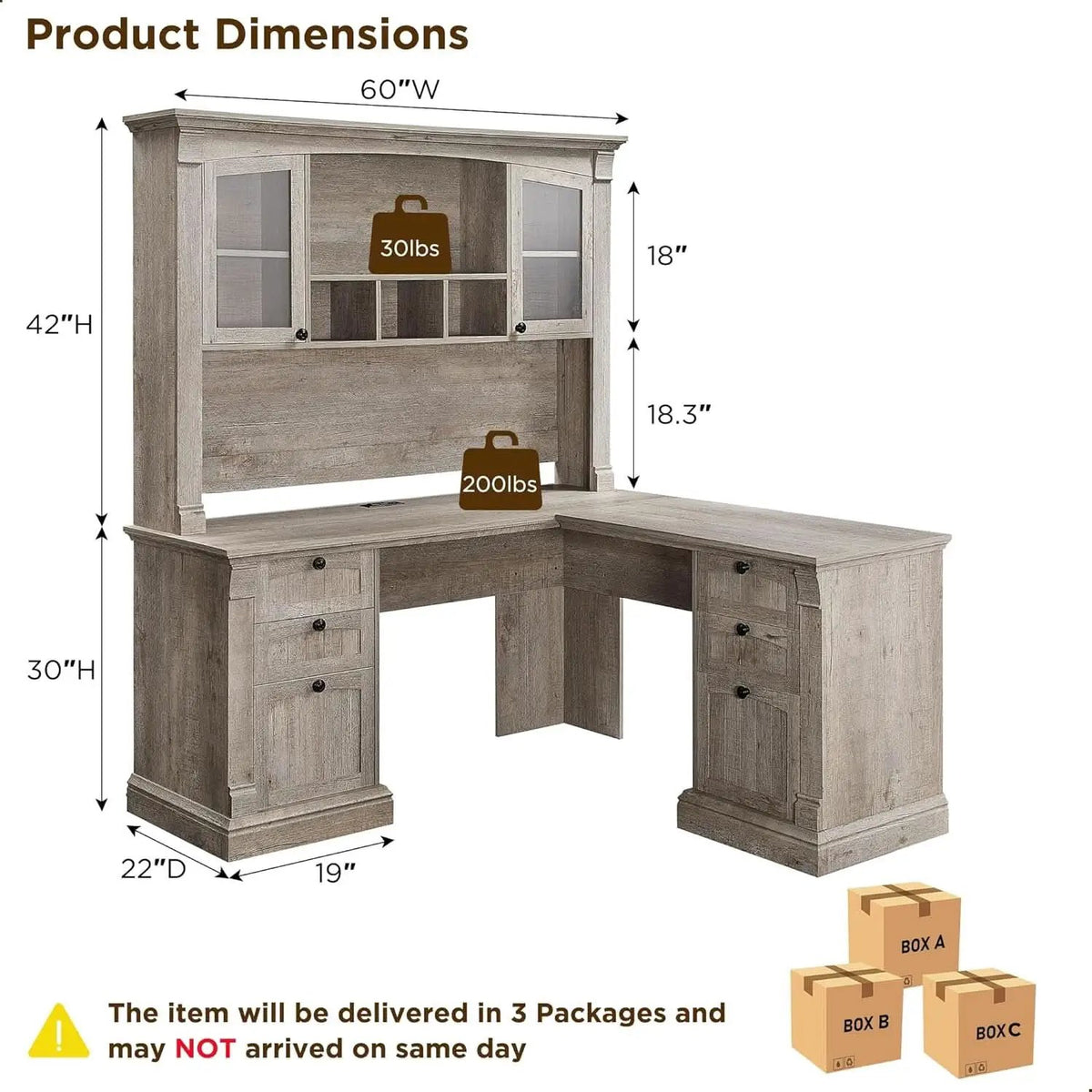 60-Inch L-Shaped Desk With Hutch Light Rustic Oak Finish from PriceLows™