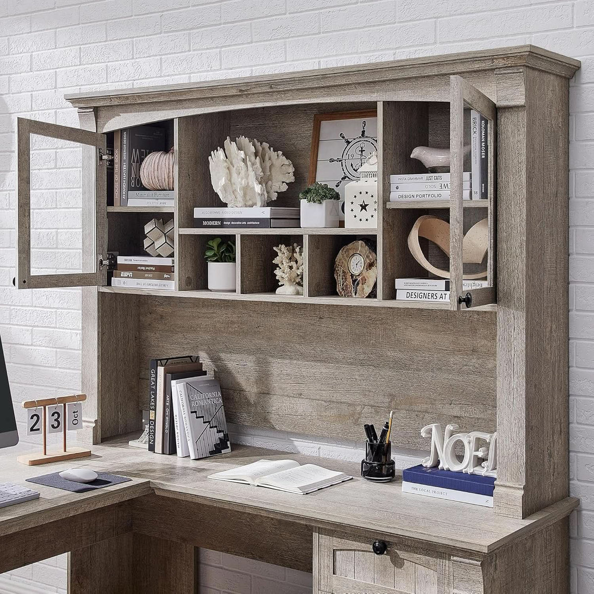 60-Inch L-Shaped Desk With Hutch Light Rustic Oak Finish from PriceLows™