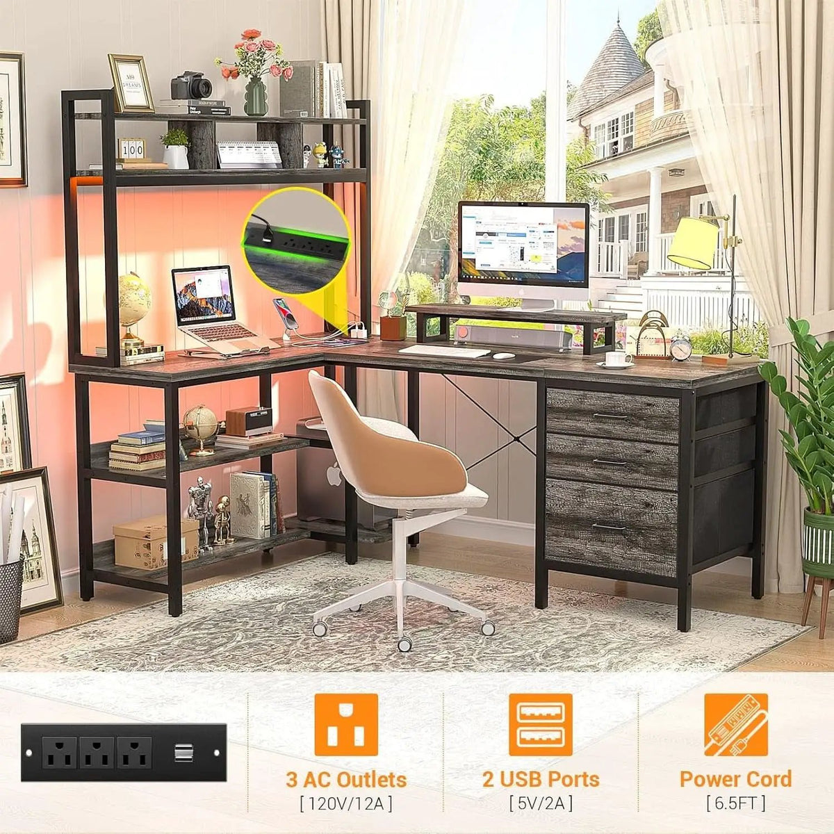 L Shaped Desk with Hutch and LED Lights, Black Oak from PriceLows™