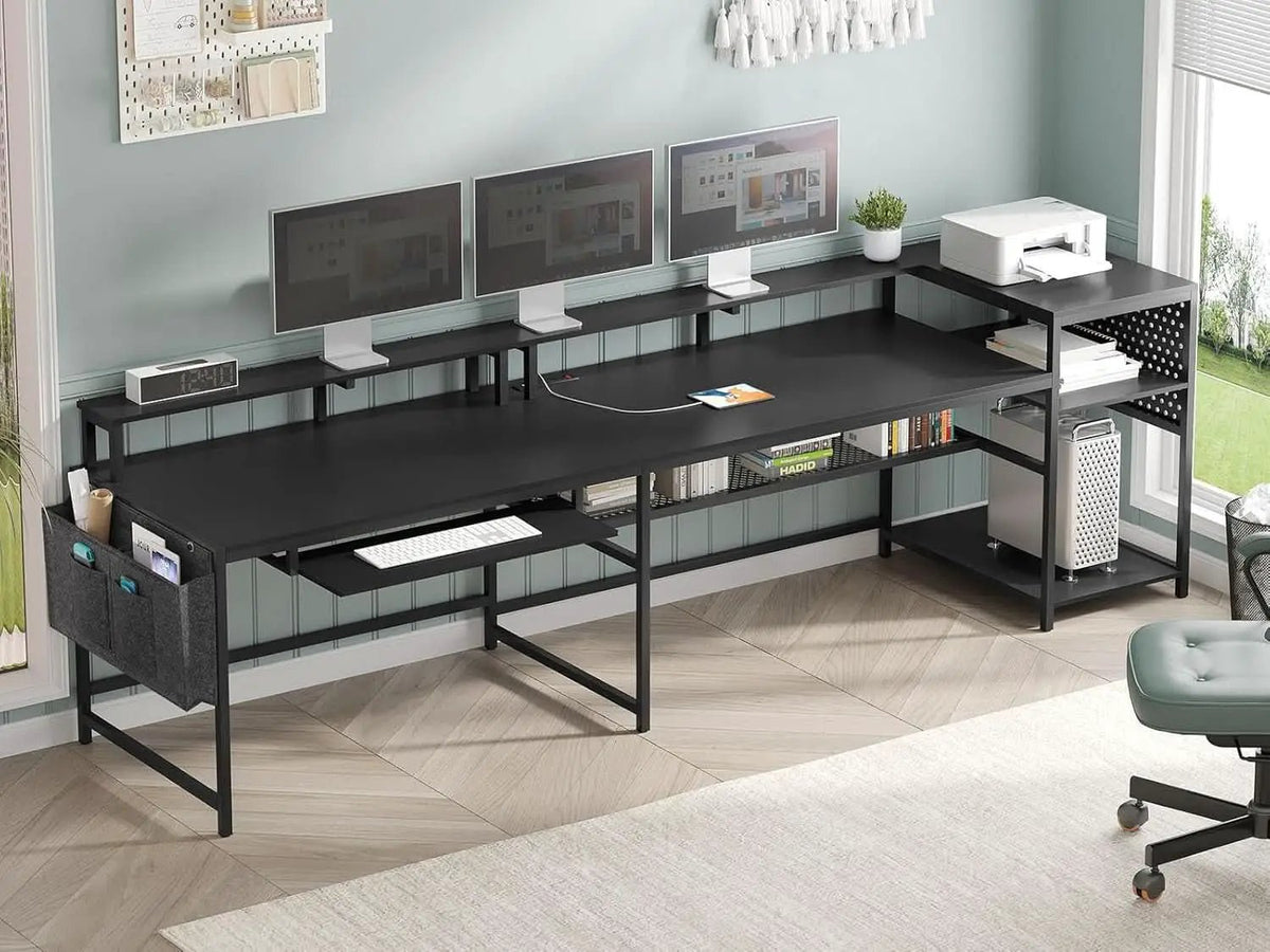 L Shaped Gaming Desk with LED Strip and Storage Shelves from PriceLows™