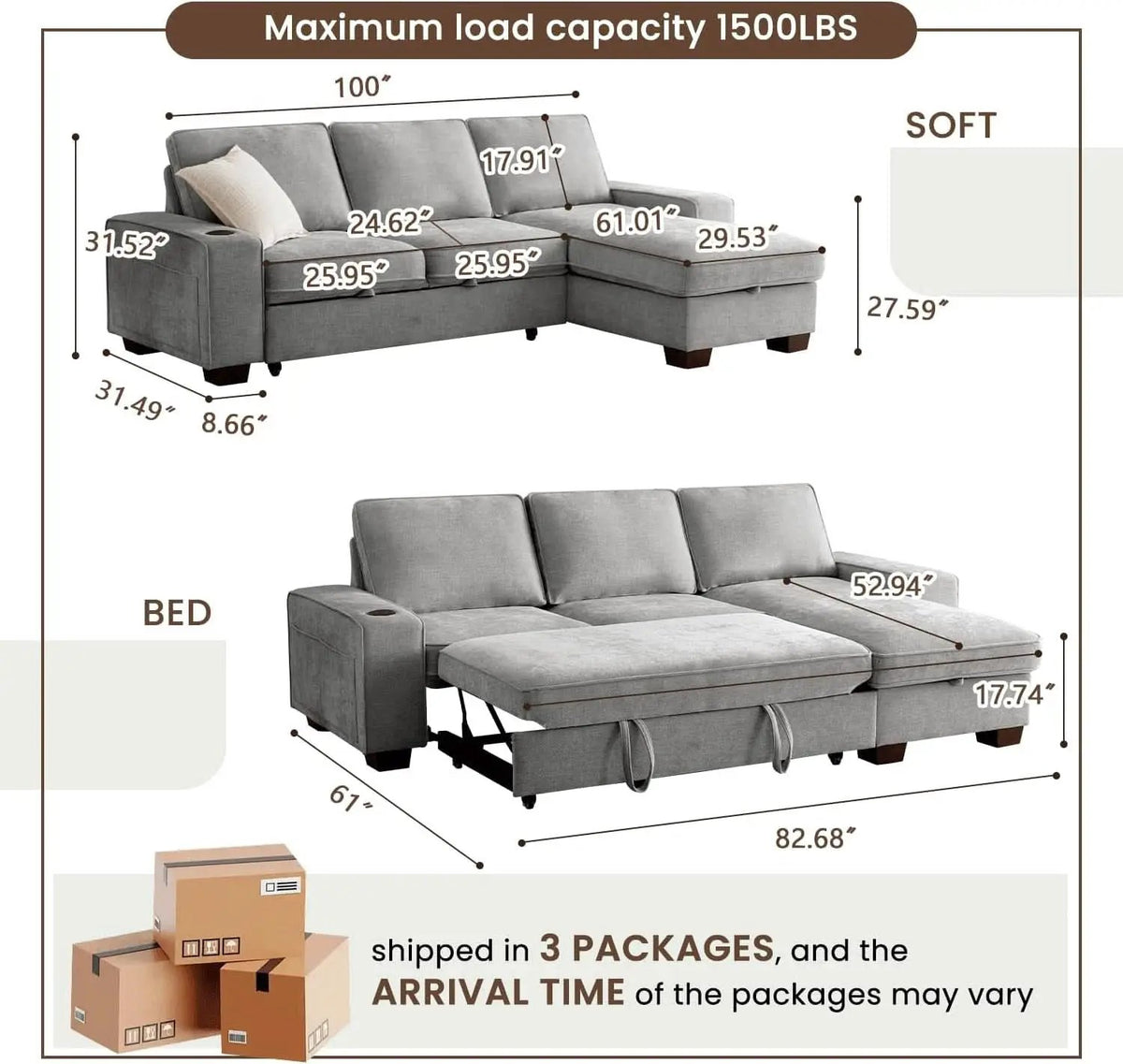 Gray 99In LShaped Memory Foam Cushion Sleeper Sofa Covers from PriceLows™