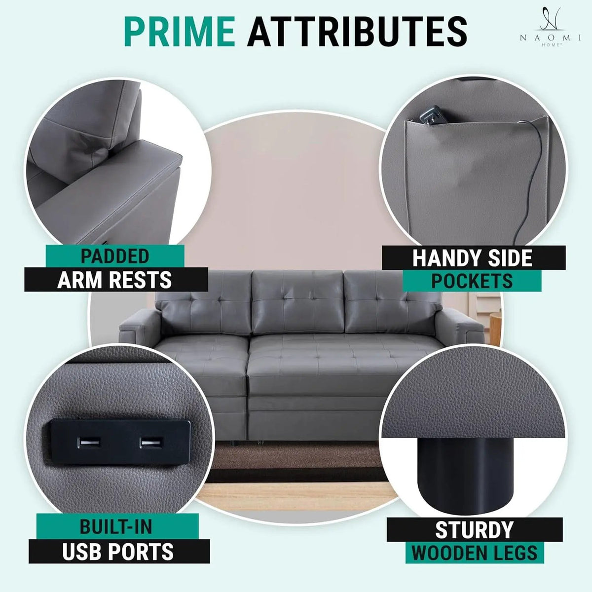 L Shaped Sectional Sleeper Sofa With USB Ports Gray Leather from PriceLows™