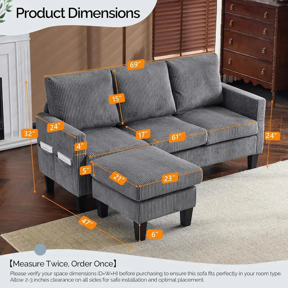 Grey 68.5 L-Shaped Sectional Sofa with Reversible Chaise and Storage Ottoman for Small Spaces from PriceLows™