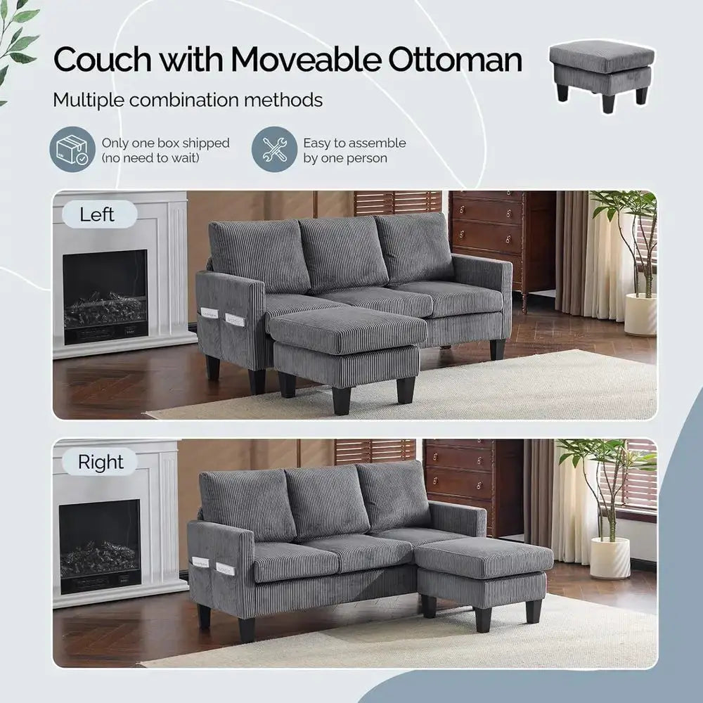 Grey 68.5 L-Shaped Sectional Sofa with Reversible Chaise and Storage Ottoman for Small Spaces from PriceLows™