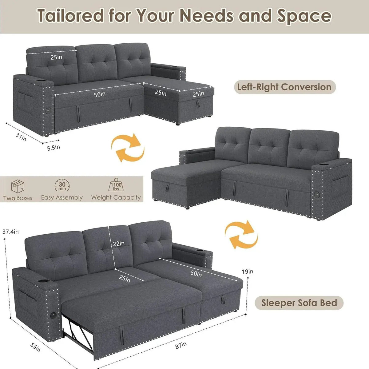 L Shaped Sleeper Sofa Bed with Storage and USB Port from PriceLows™