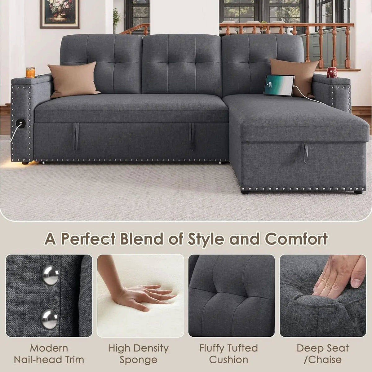 L Shaped Sleeper Sofa Bed with Storage and USB Port from PriceLows™