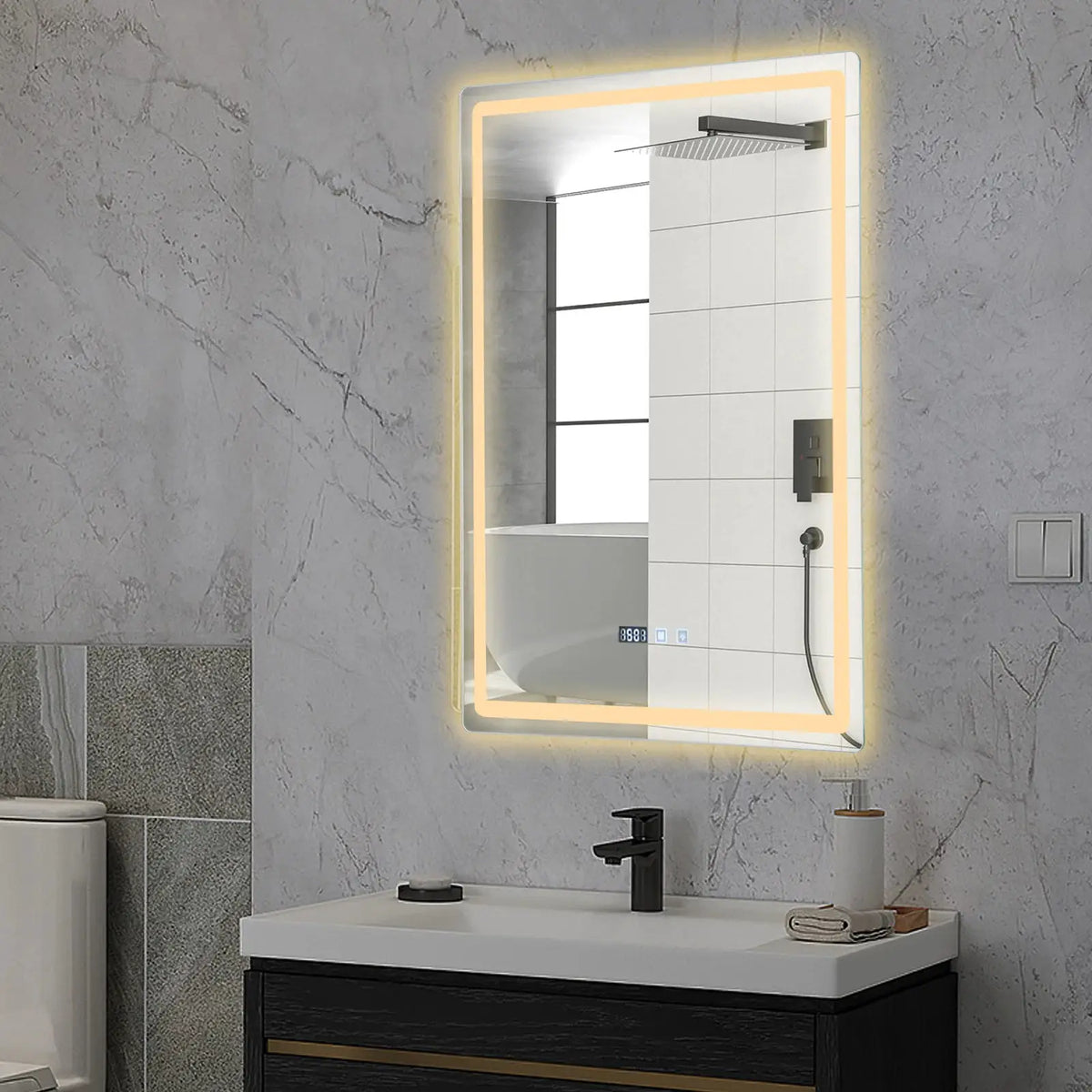 LED Bathroom Wall Mirror, Smart Anti-Fog Mirror with Touch Control, 3-Color Lighting, Digital Clock & Temp Display, 600x800mm from PriceLows™
