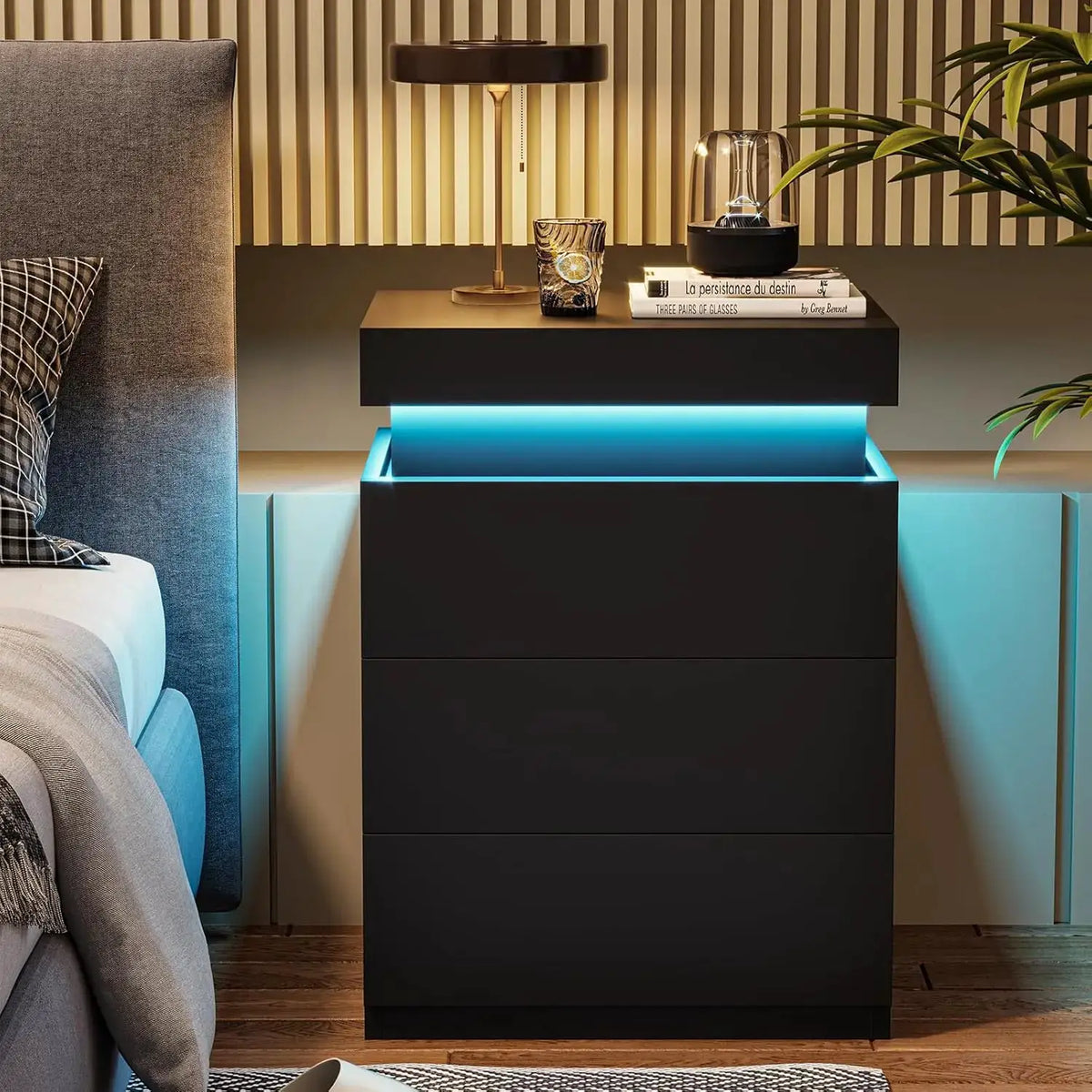 LED Nightstand with Charging Station, Sliding Top Drawer, Modern Bedside Table, Black from PriceLows™