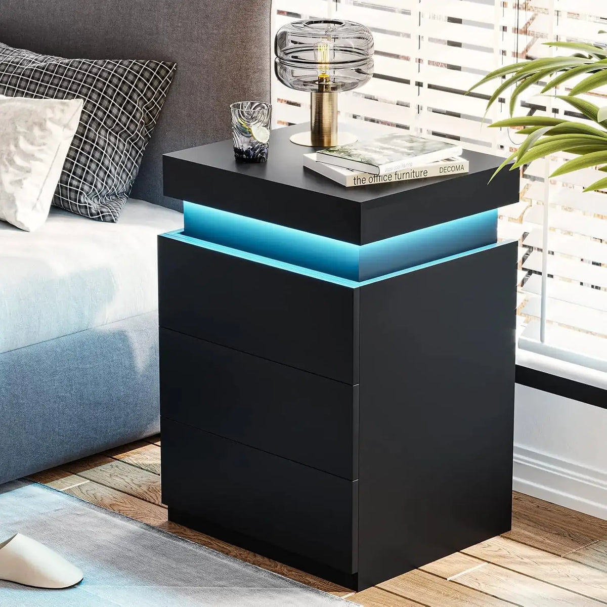 LED Nightstand with Charging Station, Sliding Top Drawer, Modern Bedside Table, Black from PriceLows™