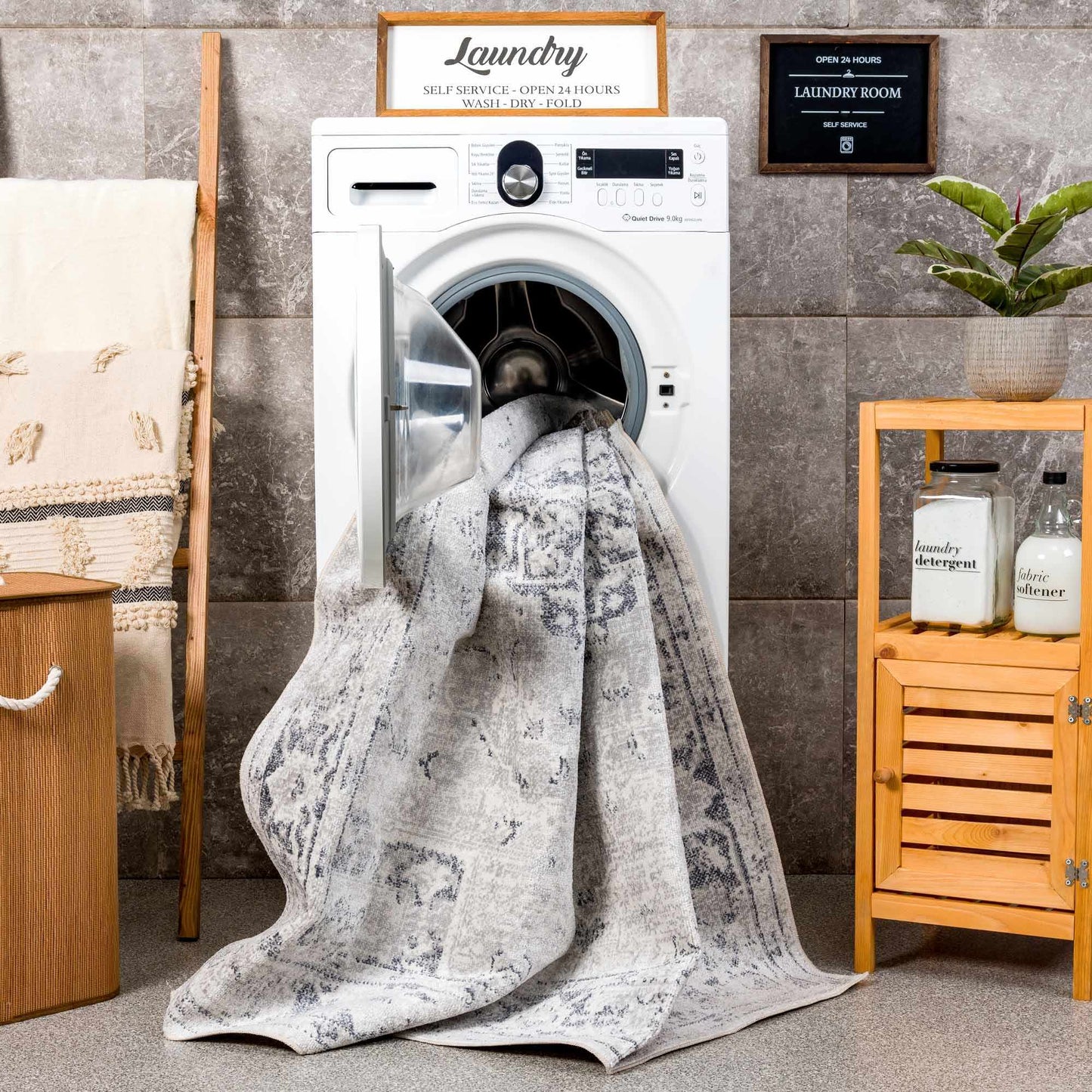 Akram Cream & Antrasit Washable Area Rug from PriceLows™