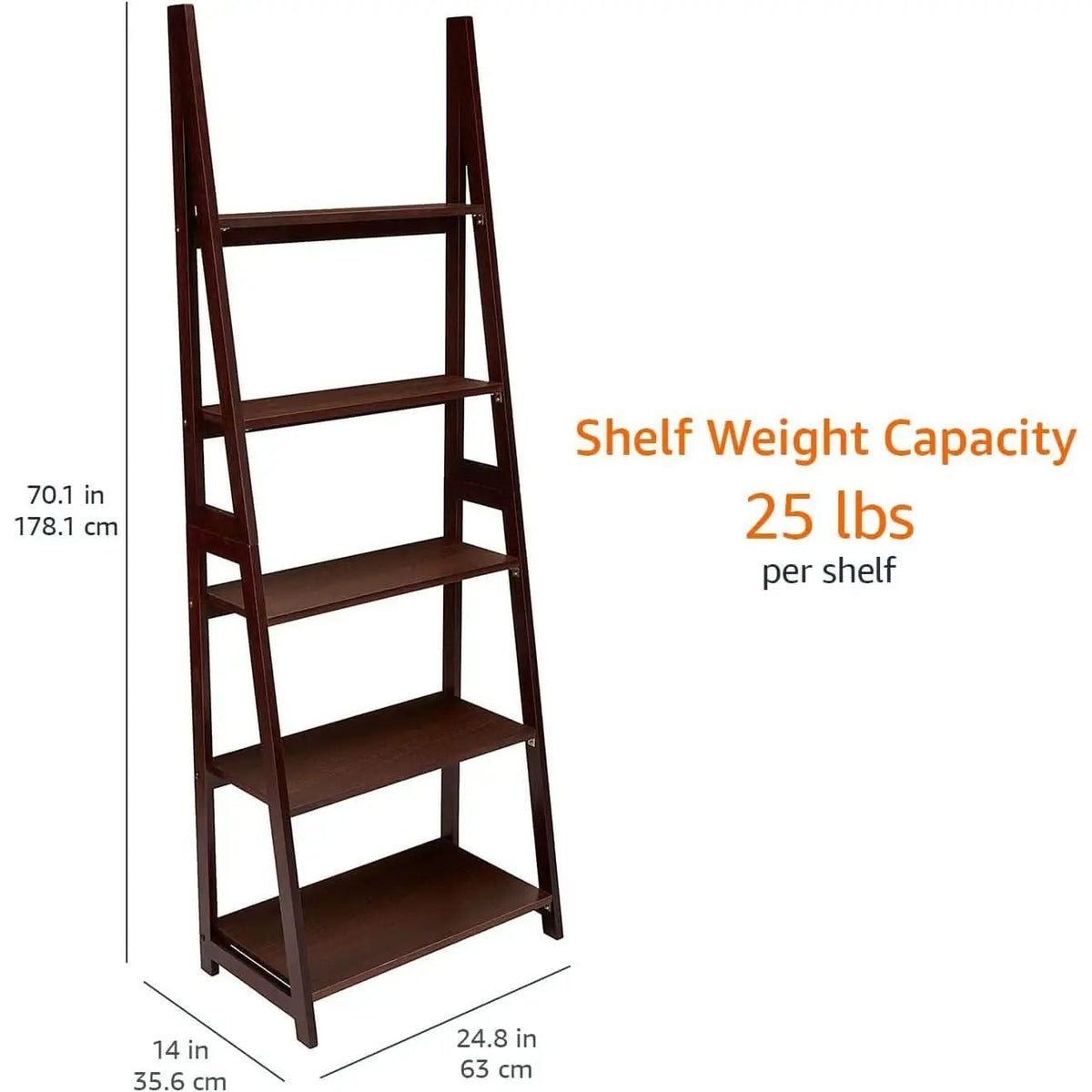 Ladder Bookshelf Organizer Espresso Rubberwood Frame 14 Inch Depth 70 Inch Tall from PriceLows™