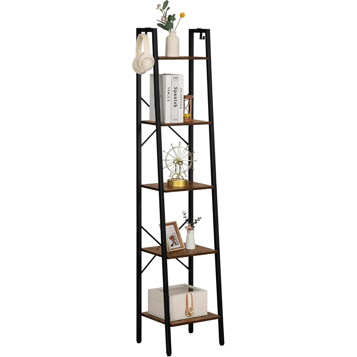 Ladder Shelf Bookcase 5 Tier Rustic Brown Freestanding from PriceLows™