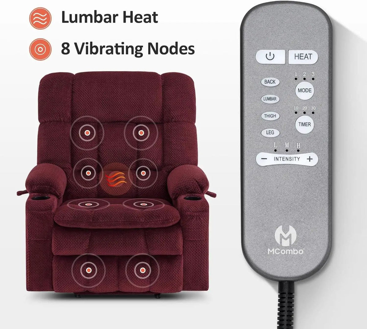 Large Burgundy Dual Motor Lift Recliner Chair With Massage And Heat from PriceLows™
