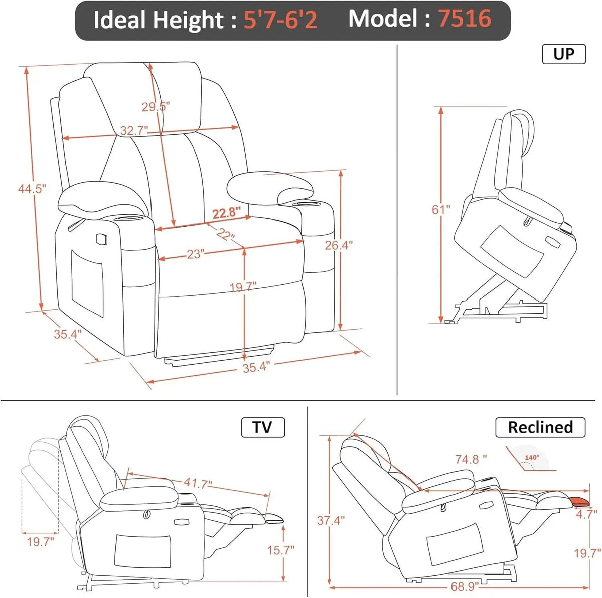 Large Power Lift Recliner With Massage And USB Sangria from PriceLows™