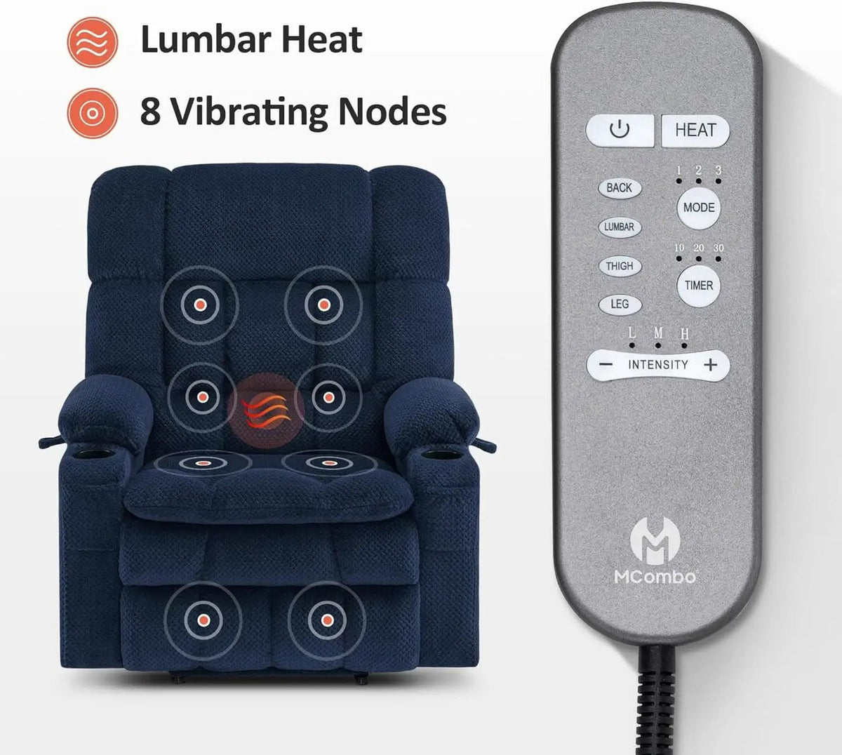 Large Wide Navy Blue Dual Motor Lift Recliner Massage And Heat from PriceLows™
