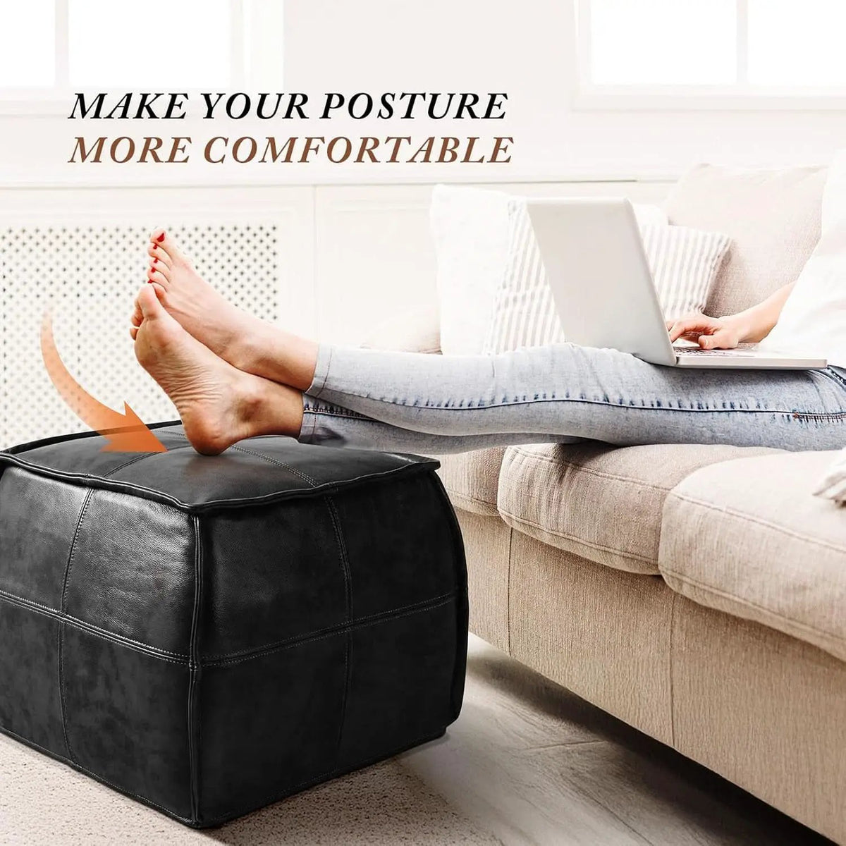 Genuine Full Grain Leather Ottoman Memory Foam Pouf Black from PriceLows™
