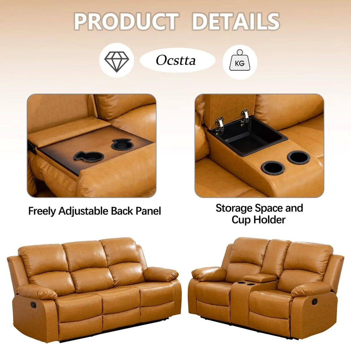 Leather Manual Recliner Sofa Set Ginger 3Piece Living Room from PriceLows™