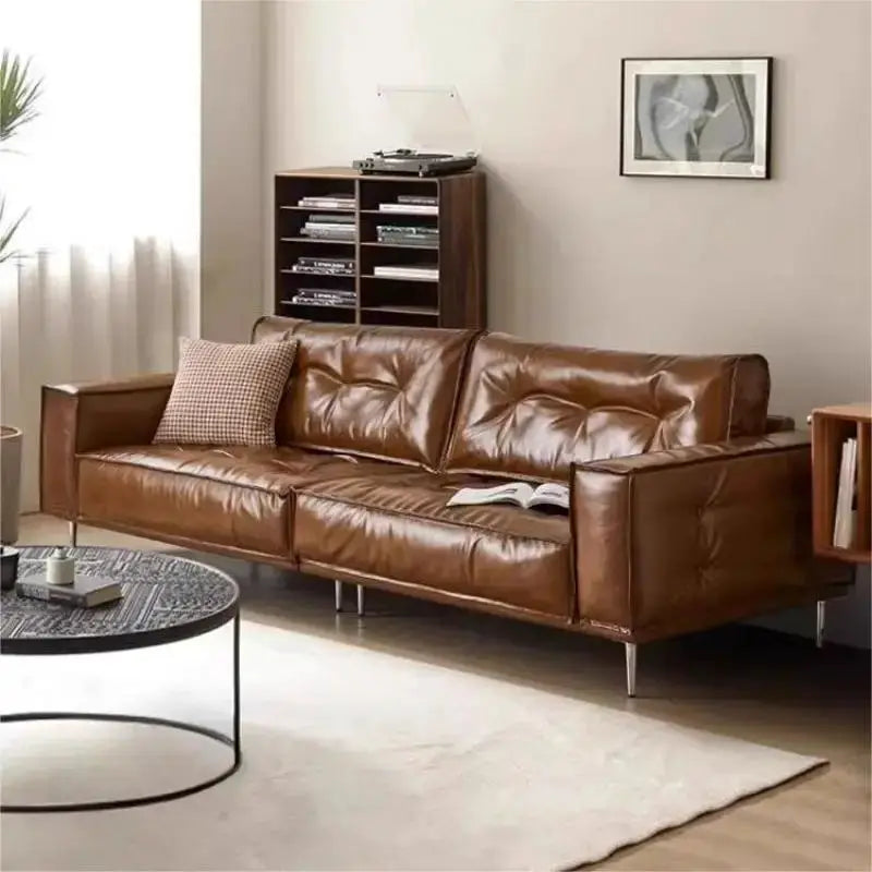 French Retro Oil Wax Leather Sofa, Top Grain Cowhide, Mid-Century Tofu Block Straight Sofa for Small Living Room from PriceLows™