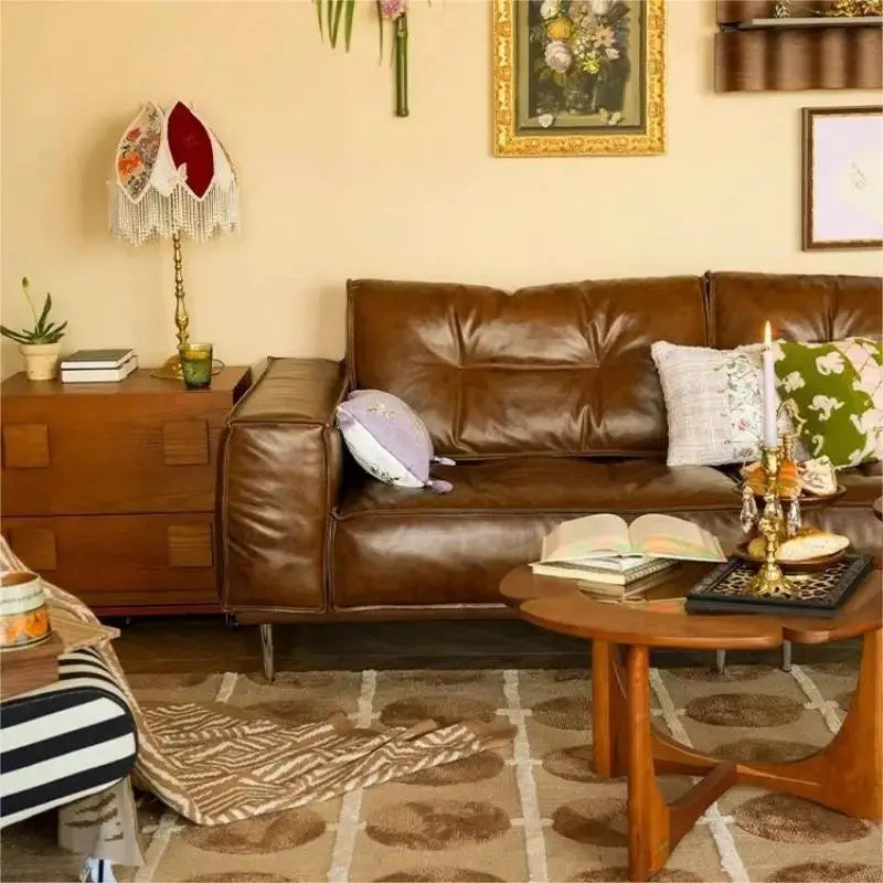 French Retro Oil Wax Leather Sofa, Top Grain Cowhide, Mid-Century Tofu Block Straight Sofa for Small Living Room from PriceLows™